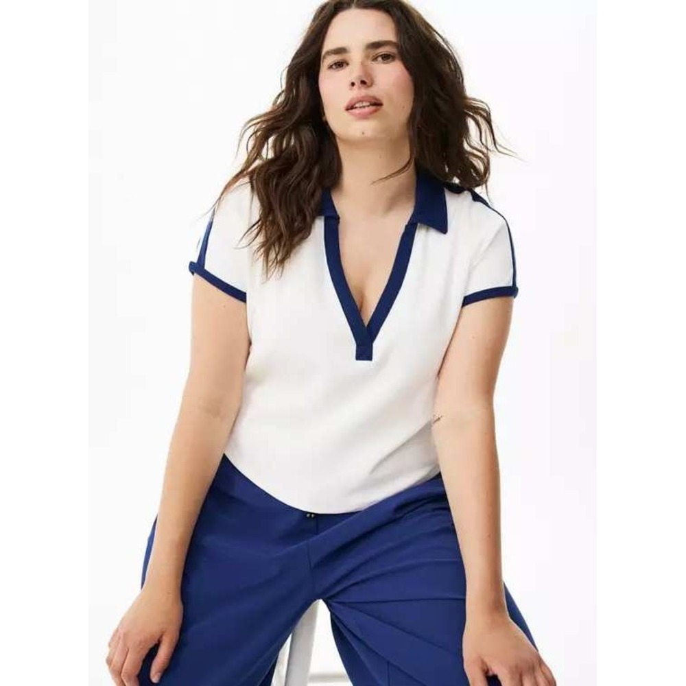 😀 TRU by Torrid Womens Plus Size 3 White‎ Navy Ribbed V-Neck Polo Shirt